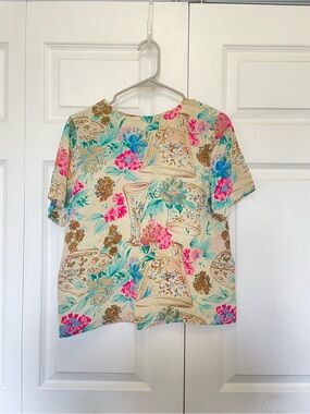 Diversity Floral Cream Short-Sleeve Silk Blouse with Pink & Teal Accents